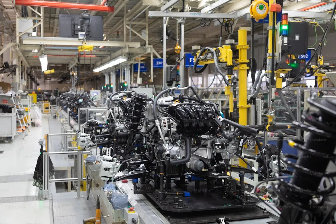 Advanced manufacturing line producing car engines in a high-tech factory